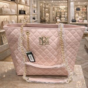 Badgley Mischka Quilted Pink Tote Bag with Gold Chain Detail